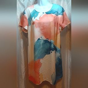 MINKPINK Midi Dress, Colorful artwork, Pink green loose fit lightweight, tie dye